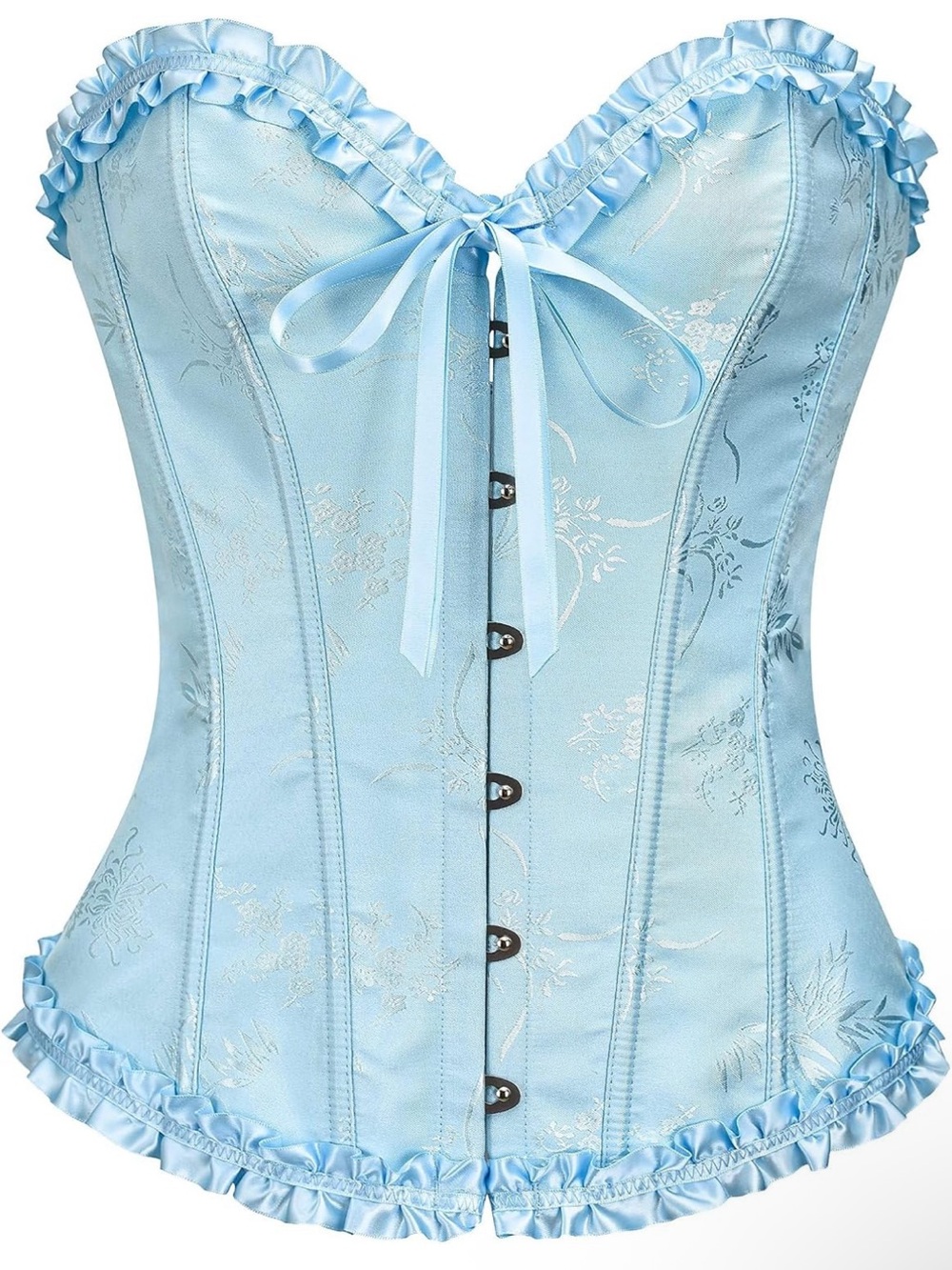 Amazon Light Blue Satin Corset Top with Ruffle Trim